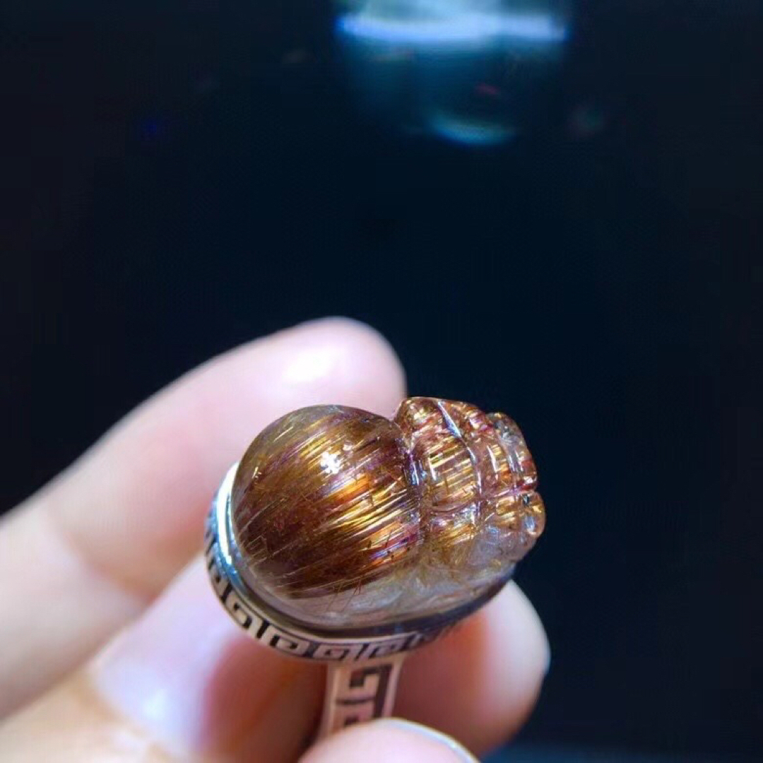 天然銅色ゴールドルチルクオーツ リング 貔貅 s925 - リング