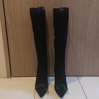 新品 CASADEI 黒 ブラック リボン フリル スエード ロングブーツ