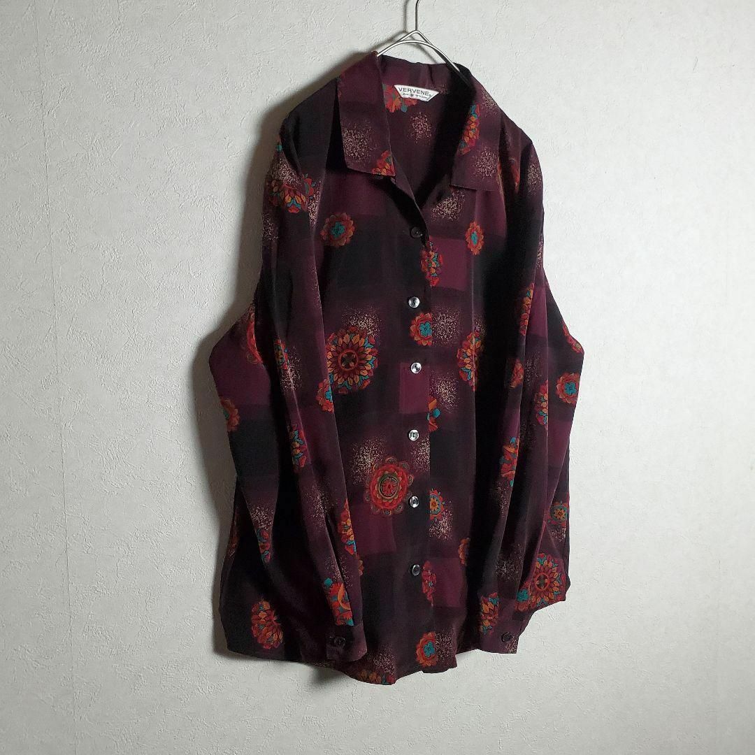 【長袖シャツ レッド 赤黒 ダークトーン レトロ柄 総柄 ビンテージ 古着】