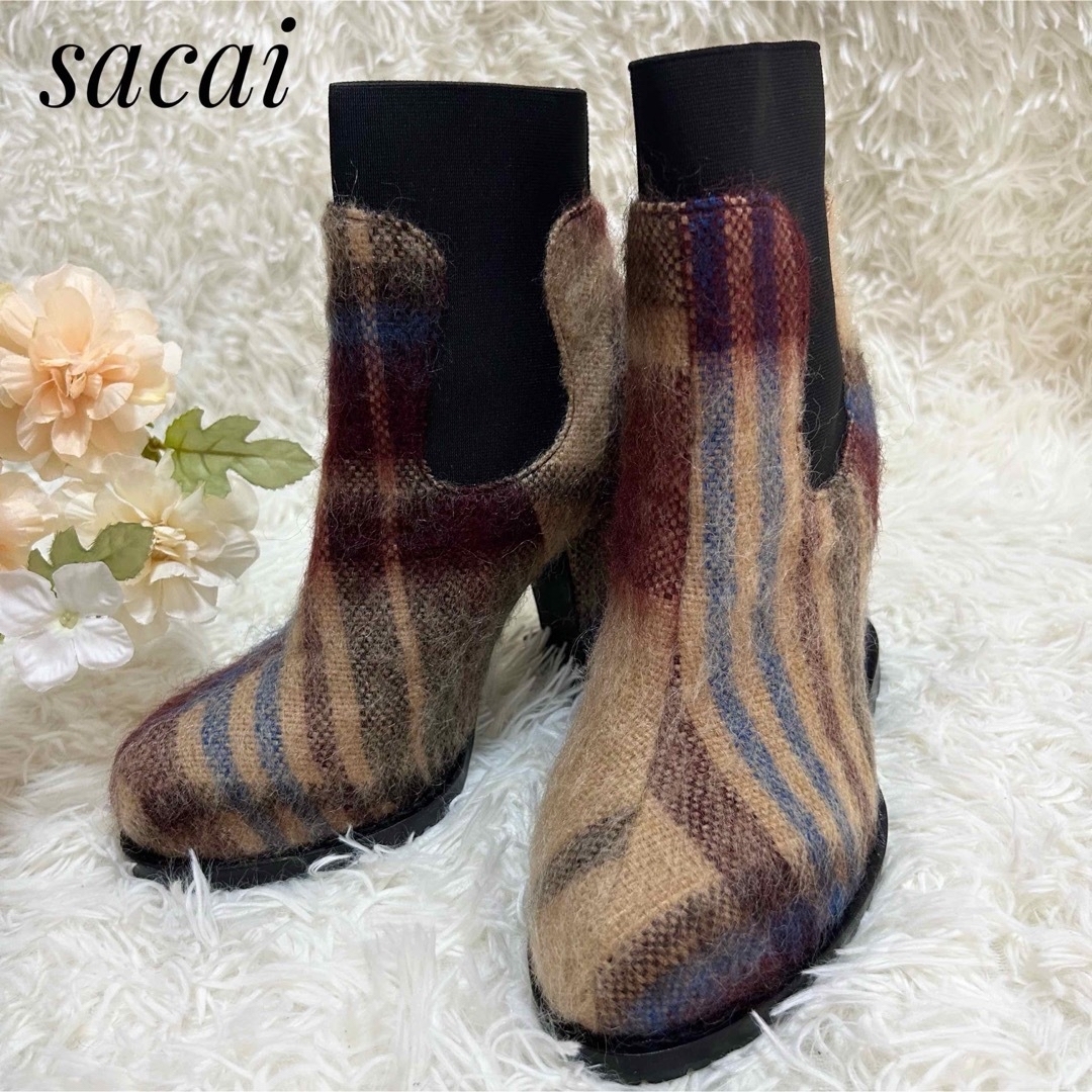 【美品】sacai 高級 定価約10万 サイドゴアブーツ ウール チェックブーツ