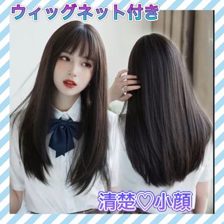 ウィッグ　ロング　ストレート セミロング　黒 フルウィッグ　かつら 小顔 ネット(ロングストレート)