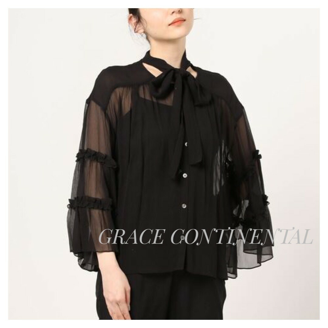 GRACE CONTINENTAL 楊柳フリルブラウス 黒 36 シアーブラウス-