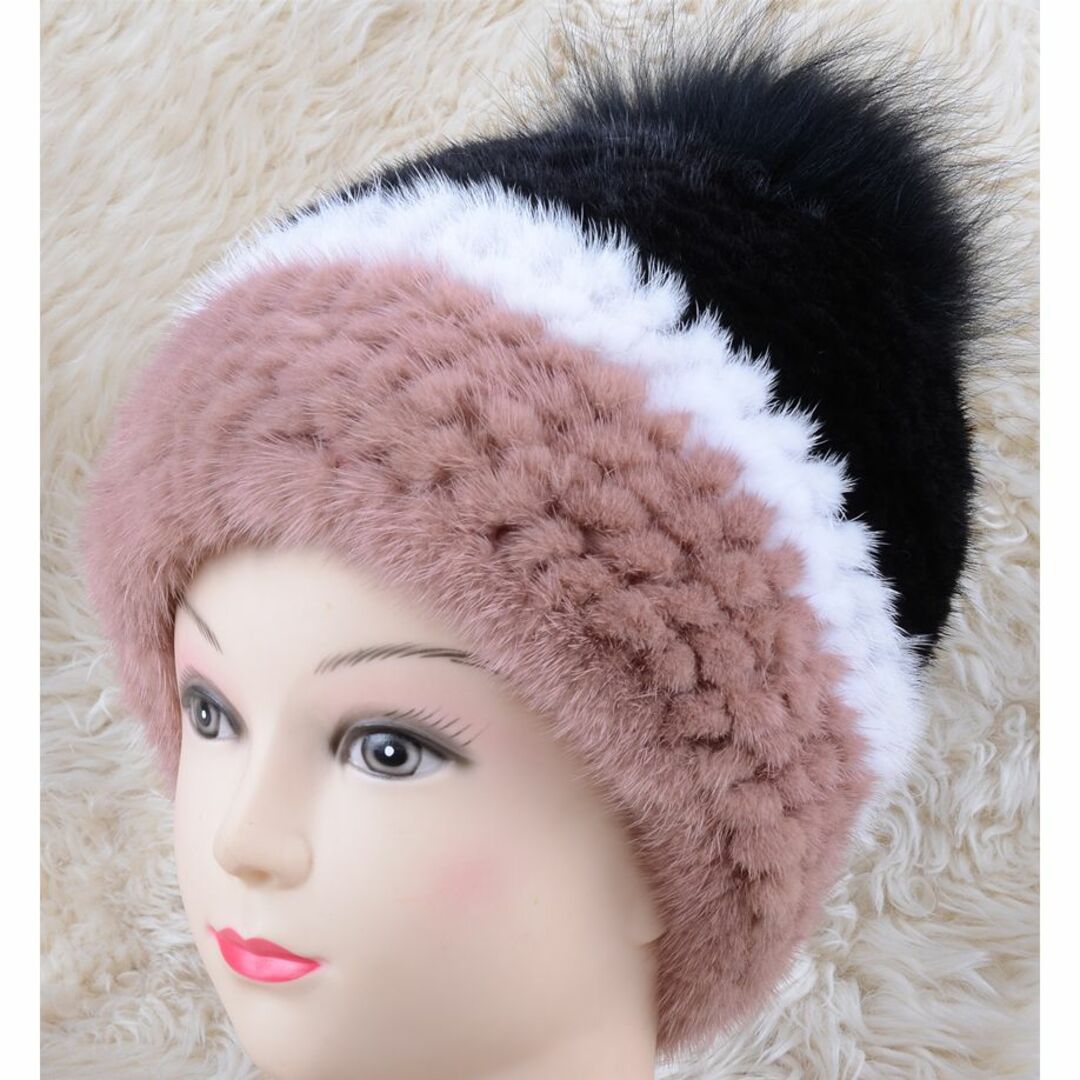 ◆新品限定 ミンク編みこみ帽子 3色/フォックスポンポン付き/毛皮 リアルファー
