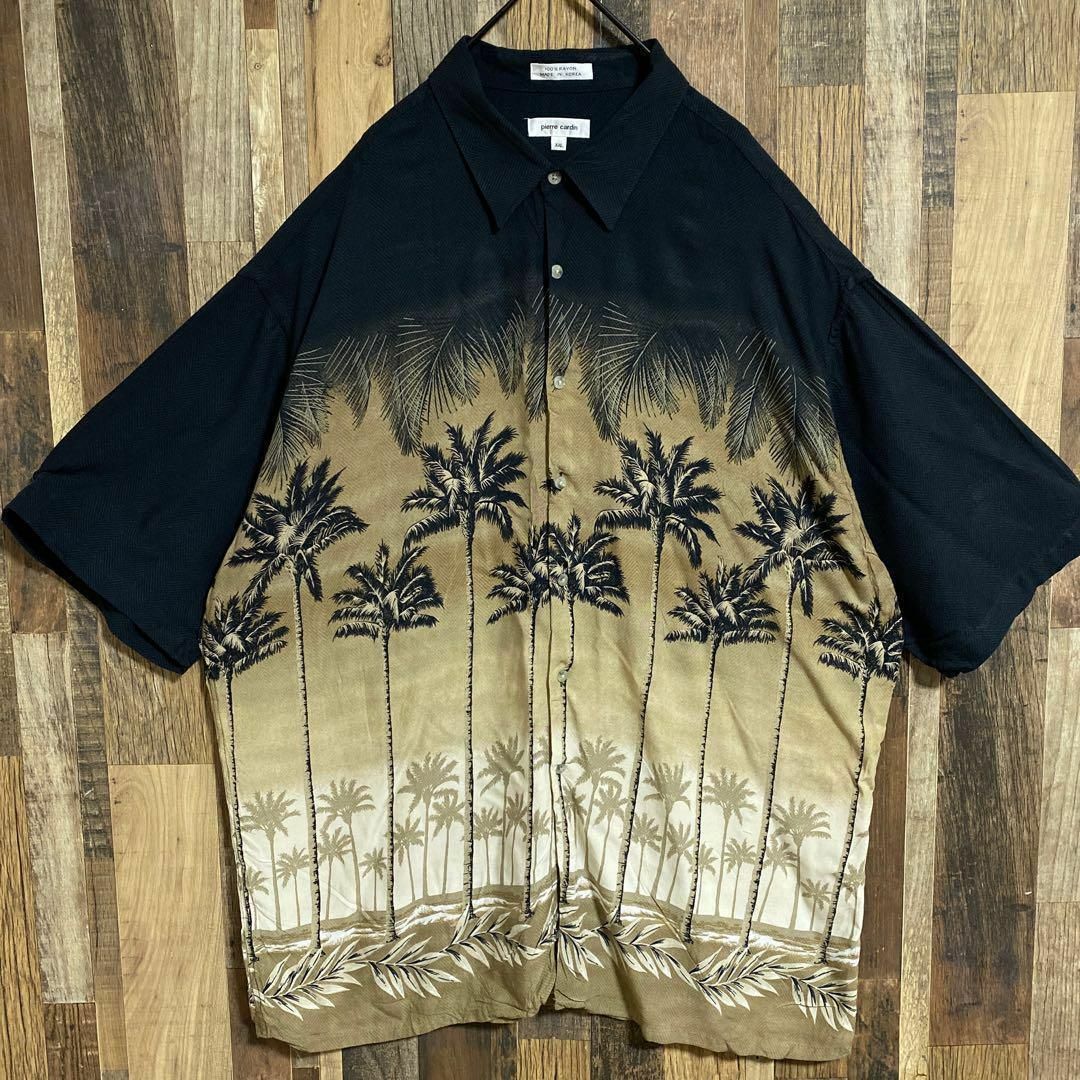 メンズ 半袖 アロハ シャツ ハワイアン 黒 茶 2XL USA 90s