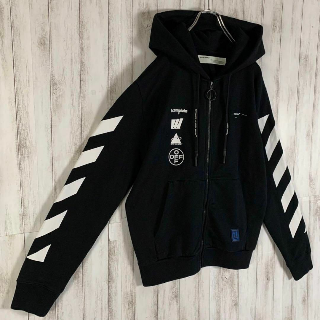 【人気デザイン】OFF-WHITE 両面ロゴ スウェット パーカー M 黒