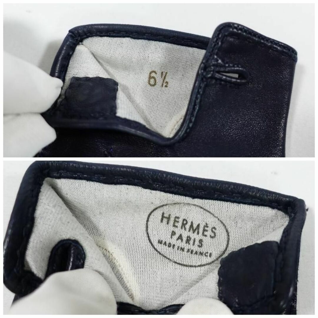 【美品】HERMES エルメス セリエ 手袋 ネイビー レザー レディース 6