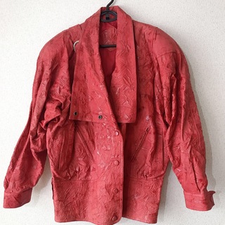 vintage 80s レザー ジャケット パワーショルダー　赤　モザイク(ライダースジャケット)