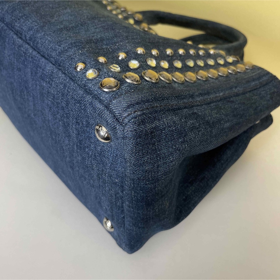 Prada 美品 2way ビジュー カナパ S デニム ハンドバッグ プラダ Prada 美品 2way ビジュー カナパ S デニム ハンドバッグ プラダ