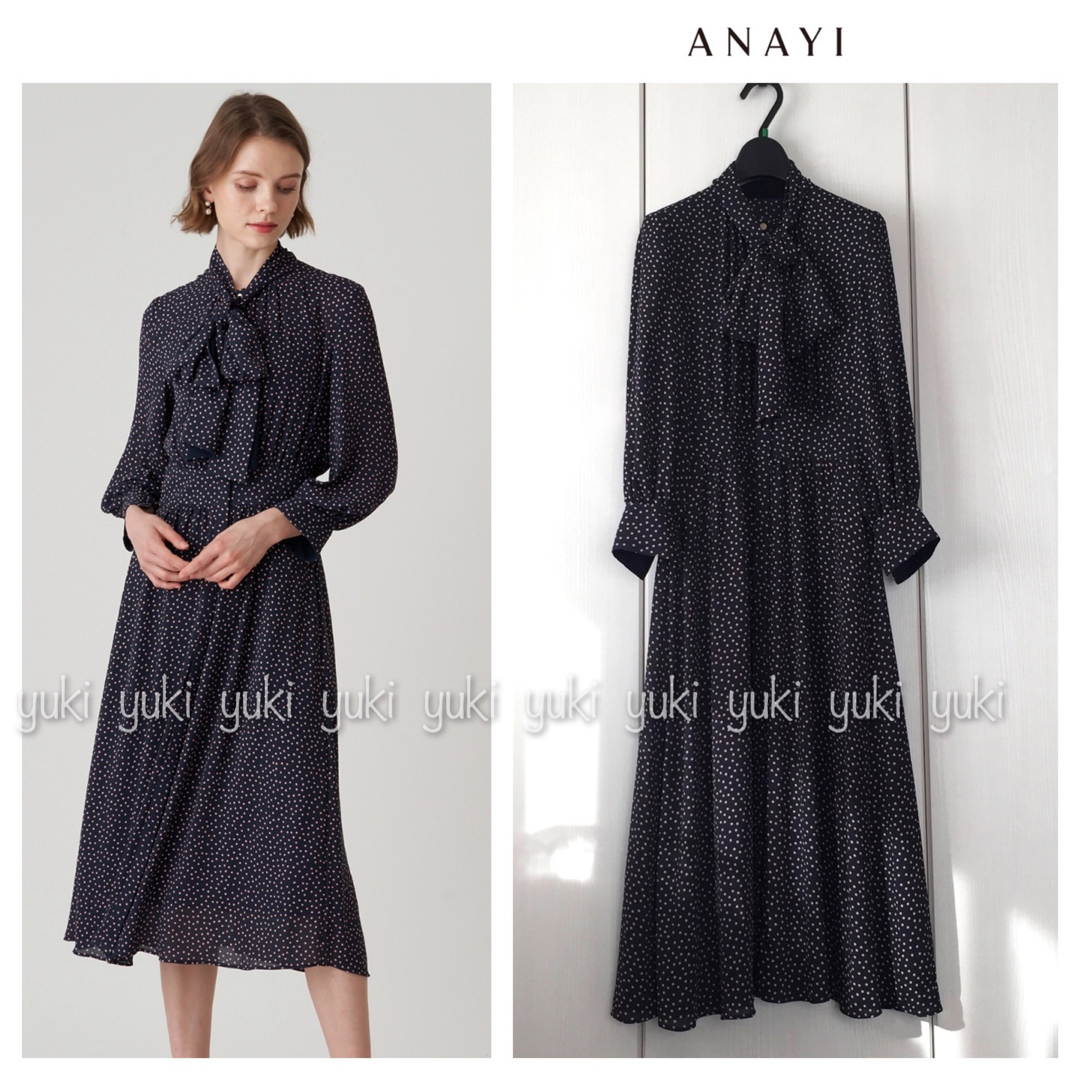 ANAYI デシンリーフプリント シャーリング ロングワンピース ドット 水玉