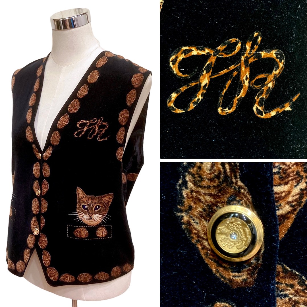美品 Rose Fashion ネコ デザイン コットンベルベット ジレ ベスト