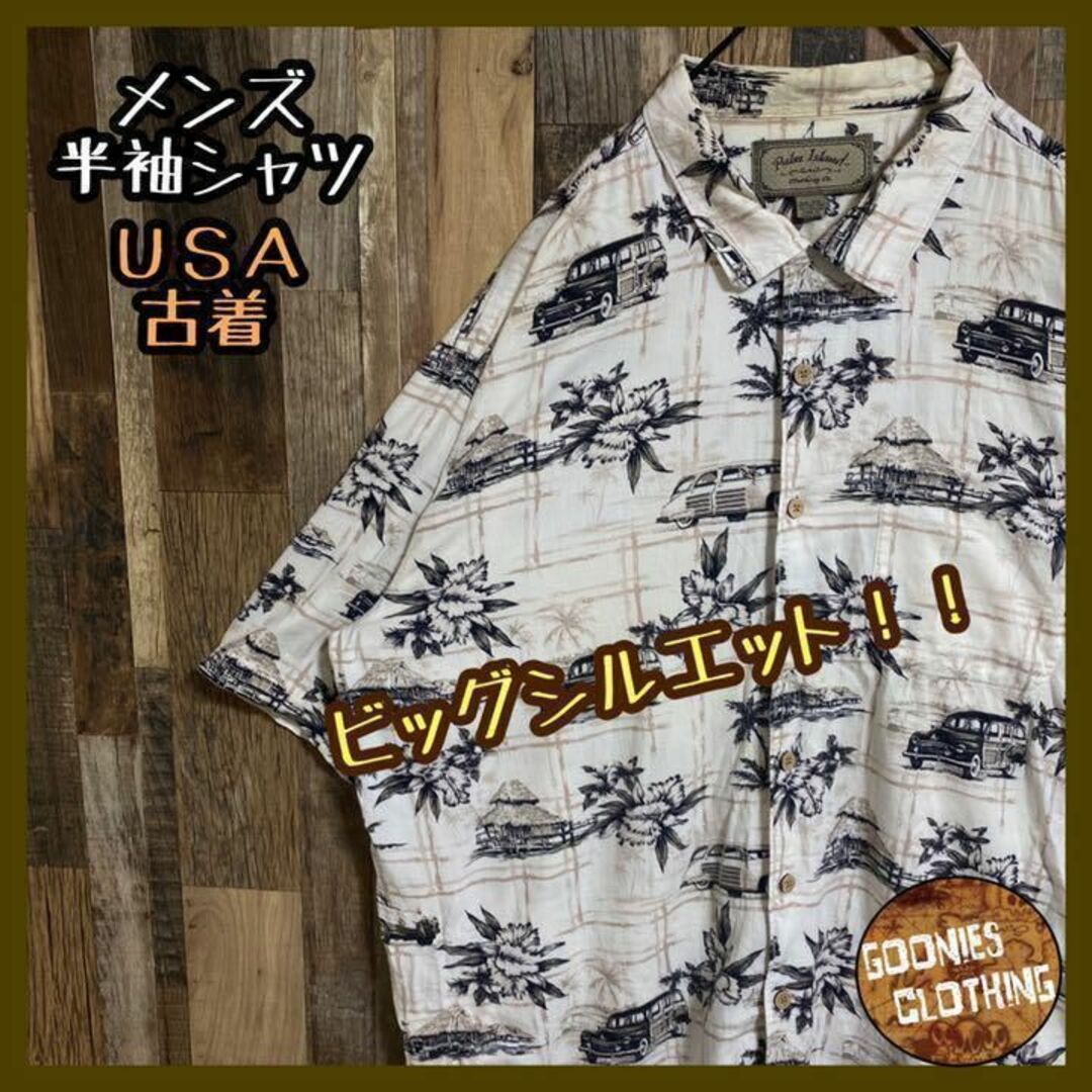 メンズ アロハ 総柄 花柄 ハワイ シャツ 2XL USA 90s 半袖 黒