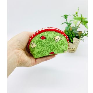 ラスト1点【再販】ミニポーチ☆鯛とねこ&小花柄（グリーン）小銭入れ(ポーチ)