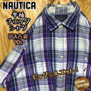 ノーティカ チェック シャツ USA古着 90s 半袖 ブルー ホワイト レッド ...