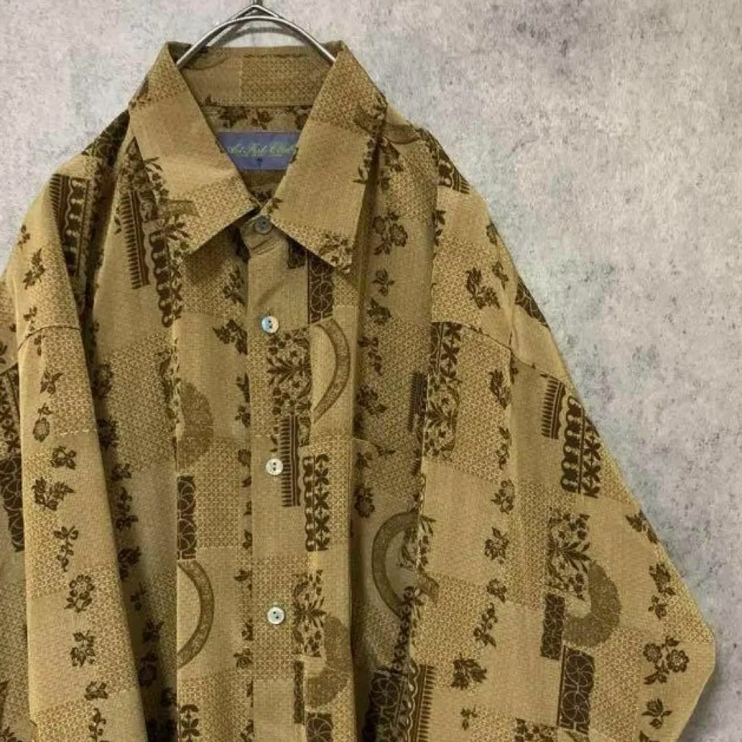 90S vintage 長袖 柄シャツ ポリ メンズ M 個性派 A3 - シャツ