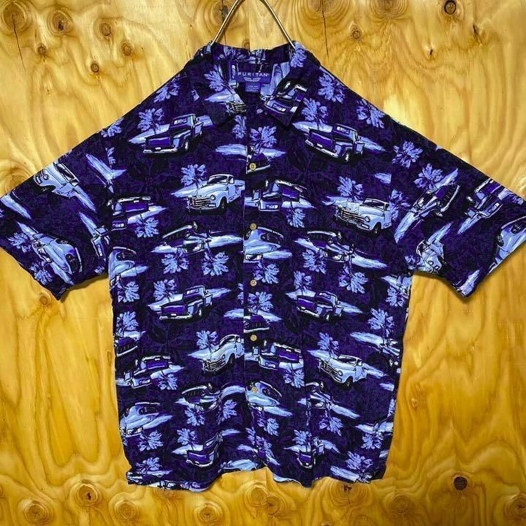 車 ハワイアン ブルー USA 90s アロハ シャツ 総柄 ピューリタン