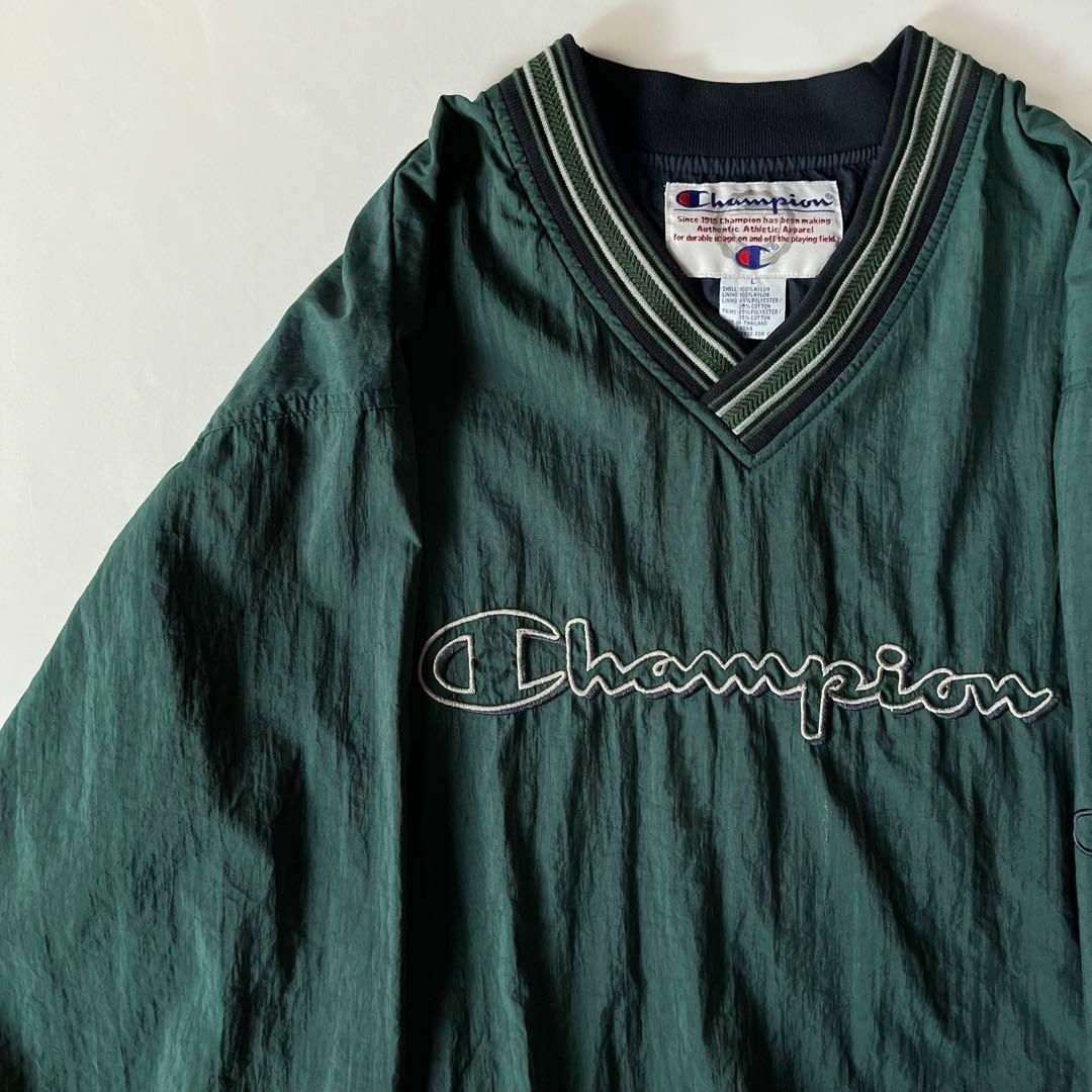 チャンピオン　ナイロンプルオーバージャケット　ビッグロゴ　L ゲームシャツ　緑