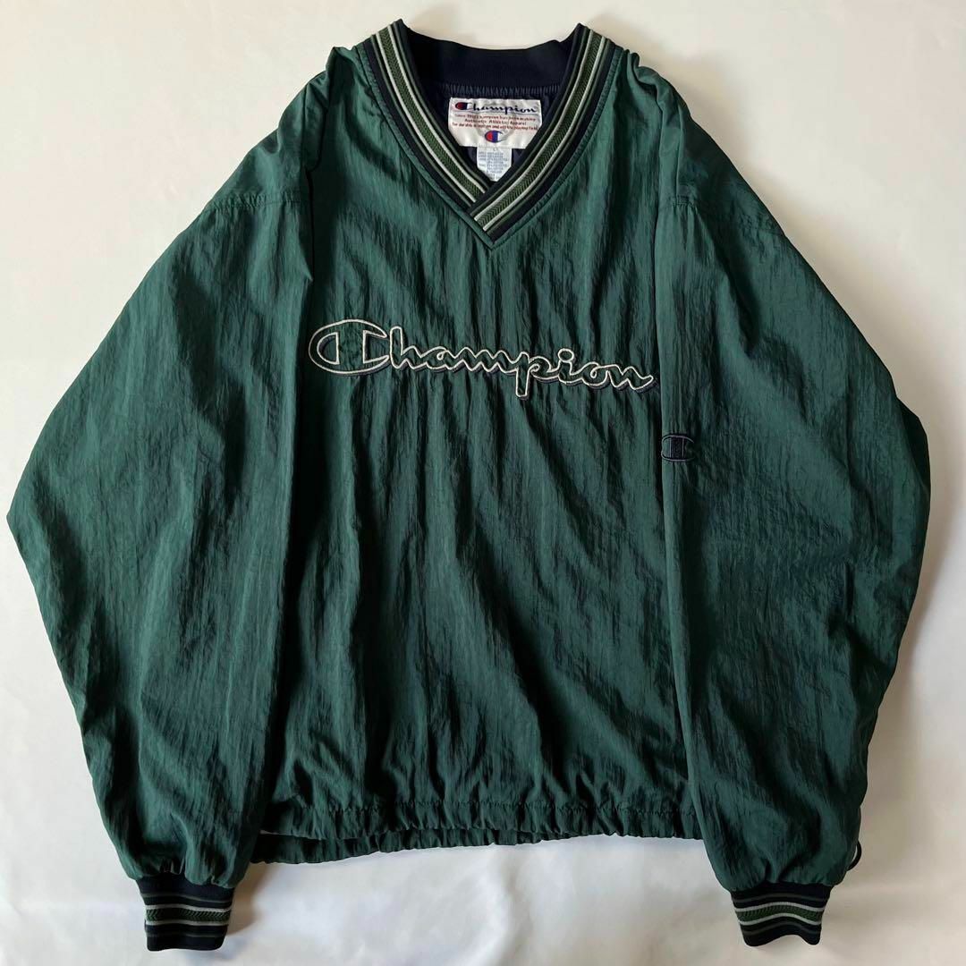 チャンピオン　ナイロンプルオーバージャケット　ビッグロゴ　XL ゲームシャツ　緑