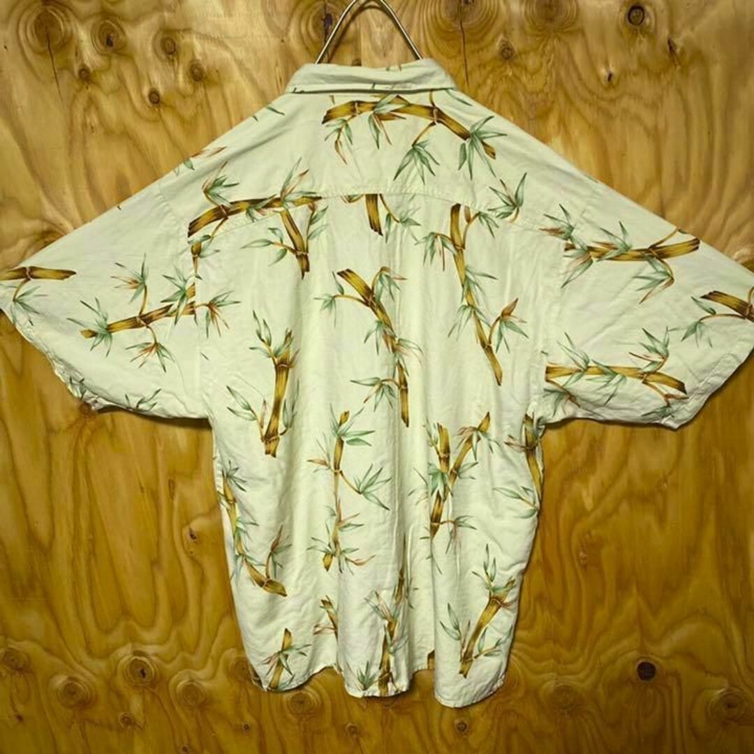 USA 90s ベージュ 自然 竹 半袖 アロハ シャツ 総柄 ハワイアン