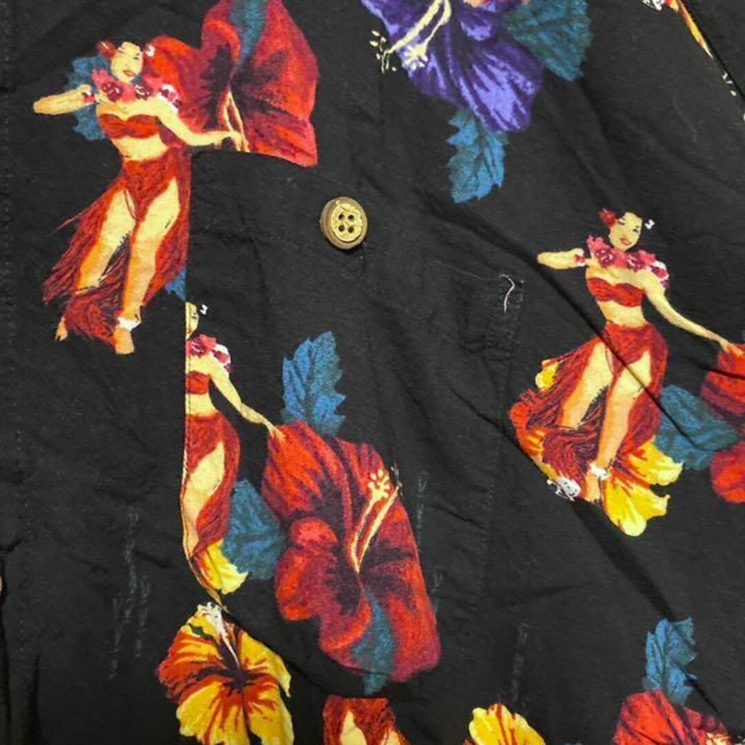 ブラック アロハシャツ USA古着 90s ハワイ フラダンス 半袖 総柄 花柄