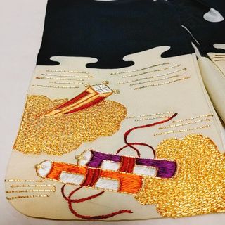 市松人形用 男の子 着物 羽織り 総刺繍 手刺繍 小槌 巻物 金雲 黒白 金糸