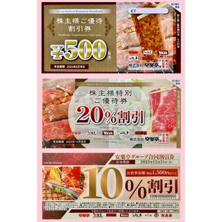 送料込 安楽亭の株主ご優待券 500円券1枚 20%割引券1枚、10%割引券1枚(レストラン/食事券)