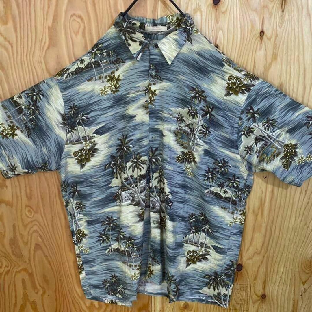 波 ハワイ メンズ 柄シャツ USA 90s 半袖 アロハ シャツ 総柄 青