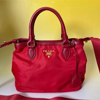 プラダ(PRADA)のPrada 極美品 2way 赤 ナイロン レザー メタル ハンドバッグ プラダ(ショルダーバッグ)