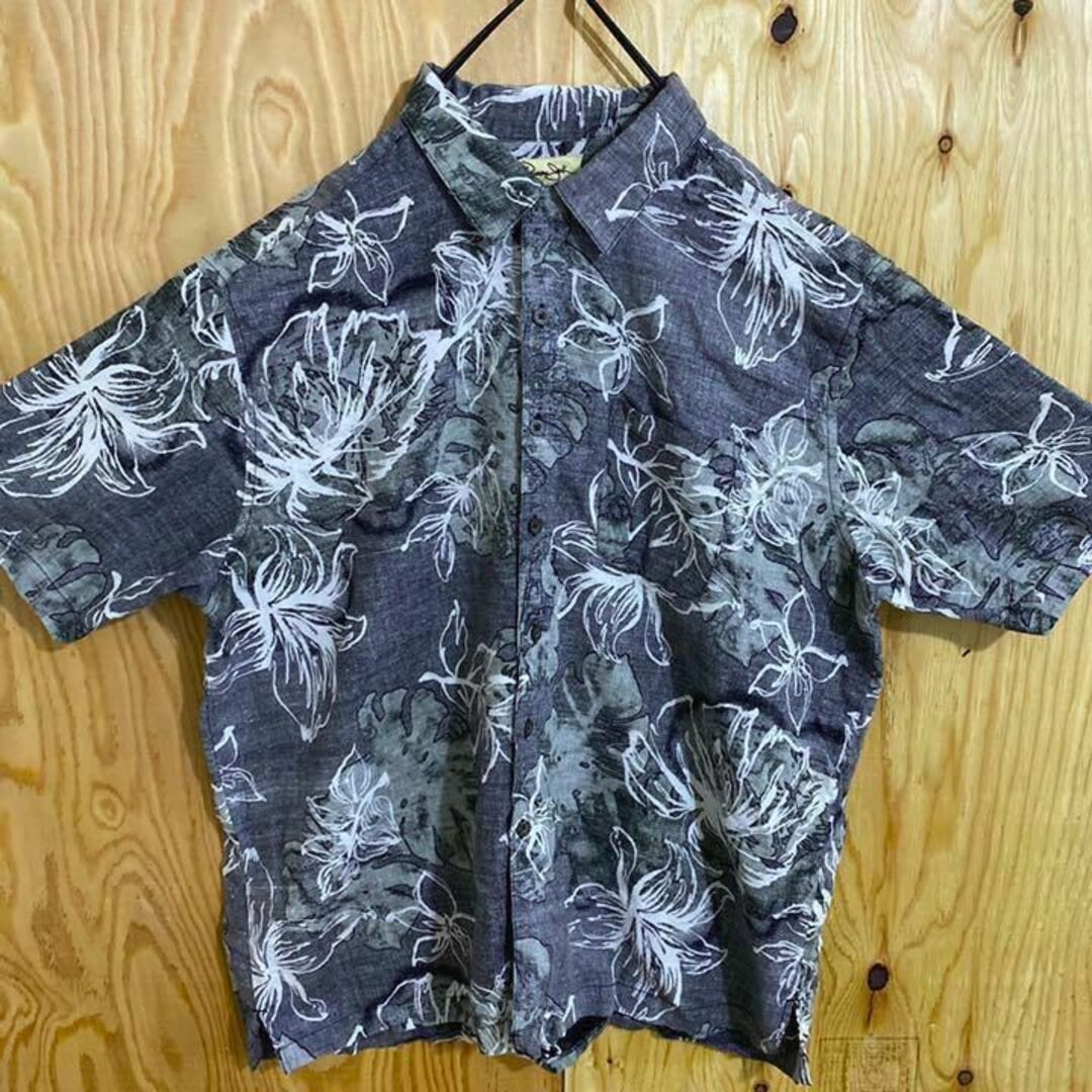 ハワイ メンズ 柄シャツ USA 90s 半袖 アロハ シャツ 総柄 グレー