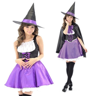 魔女コスプレセット　衣装　ハロウィン 仮装 パープル ミニスカート 帽子付き(衣装一式)