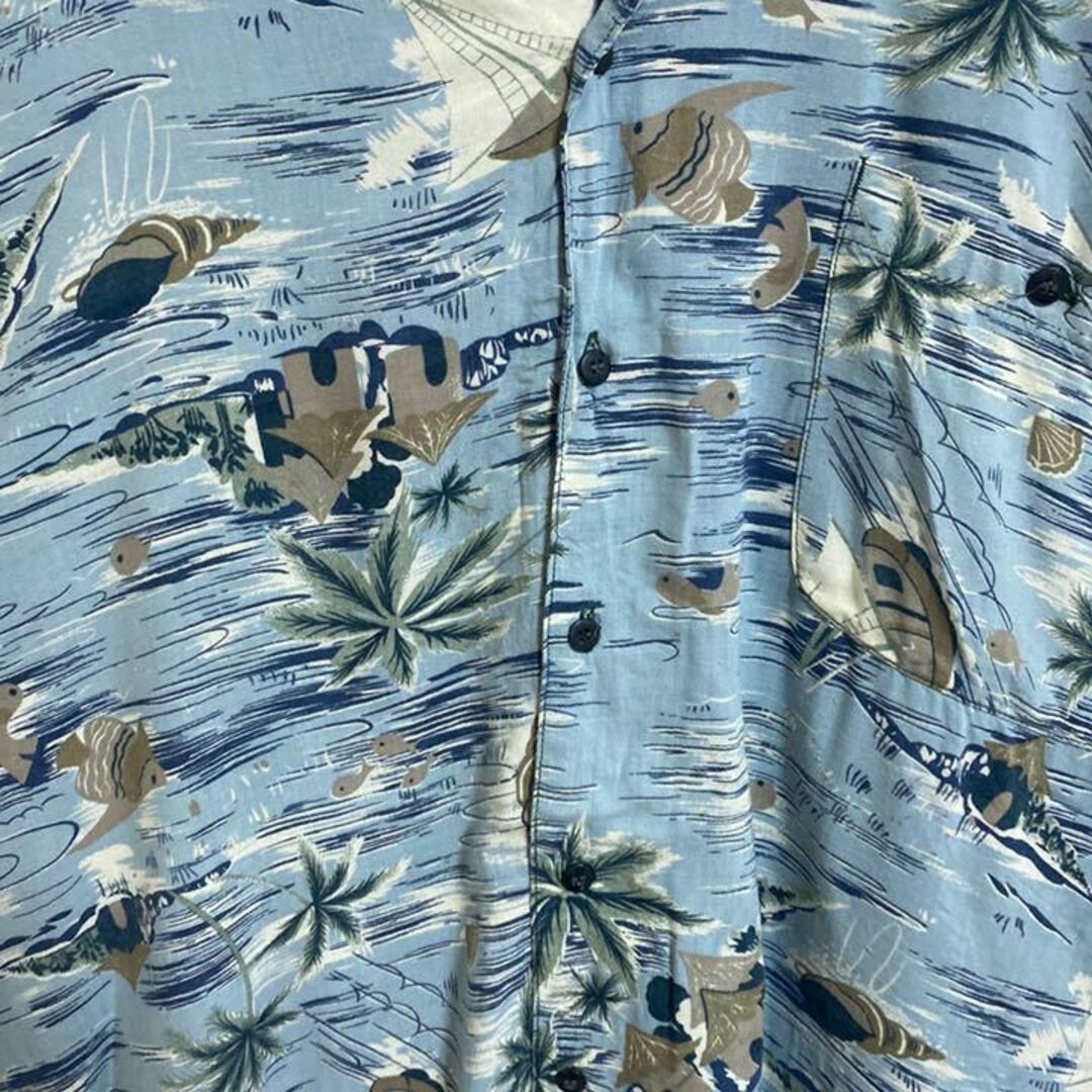 開襟 シャツ ハワイアン アロハ 海 魚 船 ブルー メンズ USA 半袖
