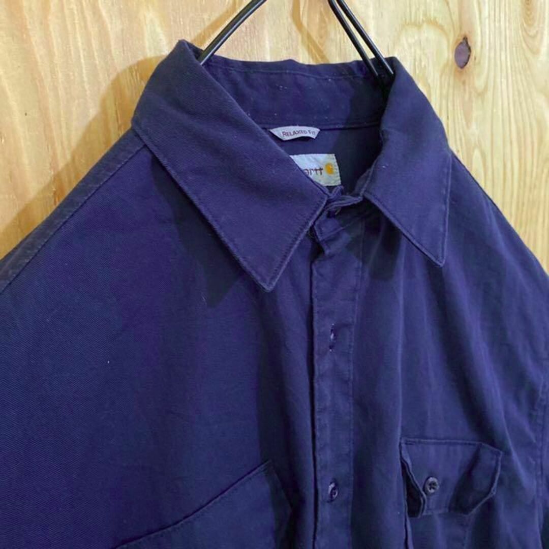 カーハート メンズ 長袖 ワーク シャツ USA古着 90s ネイビー ロゴ 紺 ...