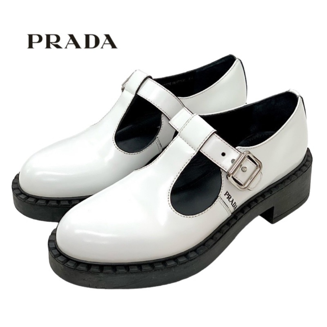 プラダ PRADA ローファー 革靴 靴 シューズ ホワイト レザーシューズ ロゴ ベルト