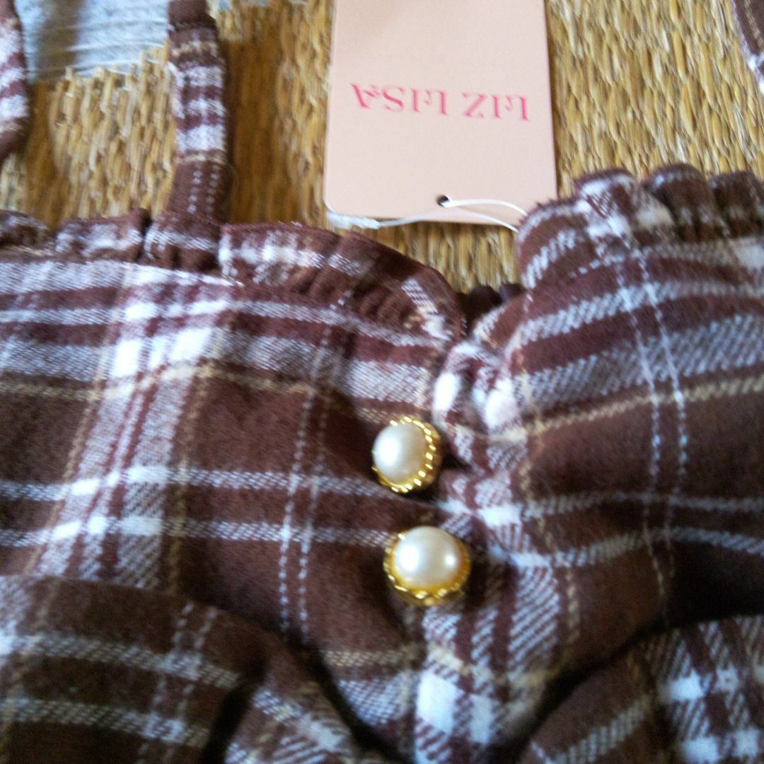 LIZ LISA(リズリサ)のLIZ LISA　飾りパール&リボン付き　肩紐チェック柄ワンピース　F レディースのワンピース(ミニワンピース)の商品写真