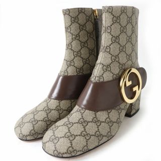 グッチ(Gucci)の未使用品☆定価165000円 グッチ 701706 GGスプリーム インターロッキングG ショートブーツ ブラウン×ゴールド金具 37 1/2 箱・保存袋付き(ブーツ)