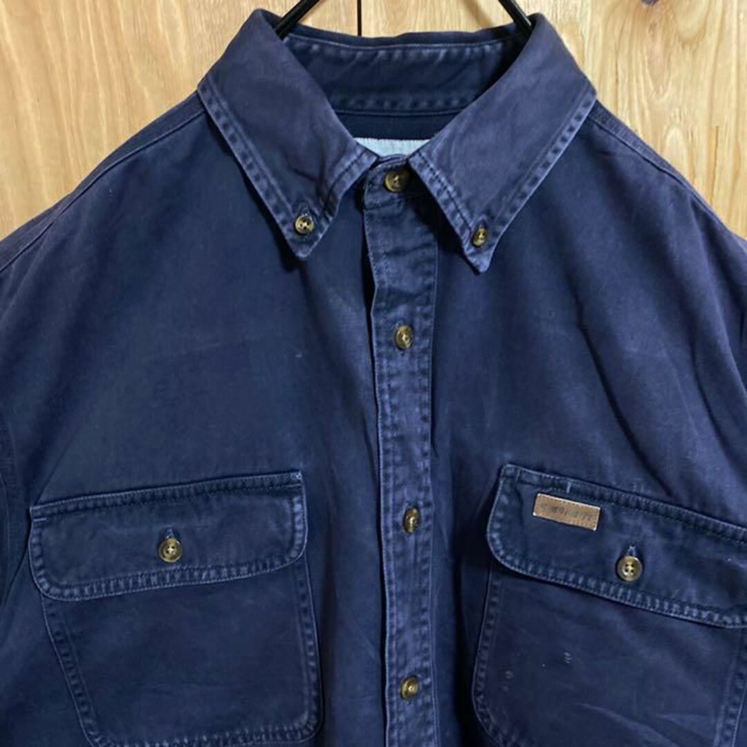 カーハート ワーク シャツ USA 90s ボタンダウン ネイビー 長袖 紺