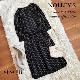 ノーリーズ(NOLLEY'S)の◆上質◆NOLLEY’S◆ストライプ七分袖膝丈ワンピース◆ベルト付◆黒◆M(ひざ丈ワンピース)