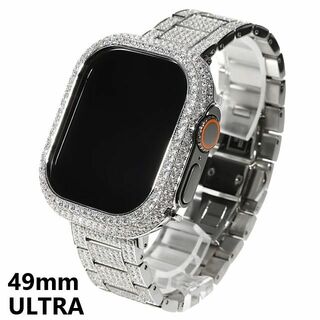 アップルウォッチ(Apple Watch)のアップルウォッチ ULTRA 49mm ウルトラ 本格フルカスタム コンプリートセット CZダイヤ(キュービックジルコニア) apple watch カバー キラキラ ホワイトゴールド バンド ステンレス(その他)