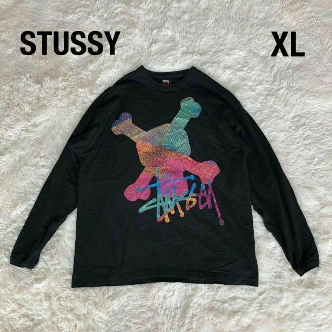 STUSSYステューシー　ロンTシャツ　ブラック　レインボースカルドクロXL