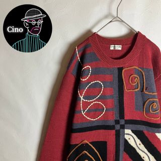 90s　ビンテージニット　アンゴラ混　ウール　刺繍　リブライン　ピンク　黒　古着(ニット/セーター)