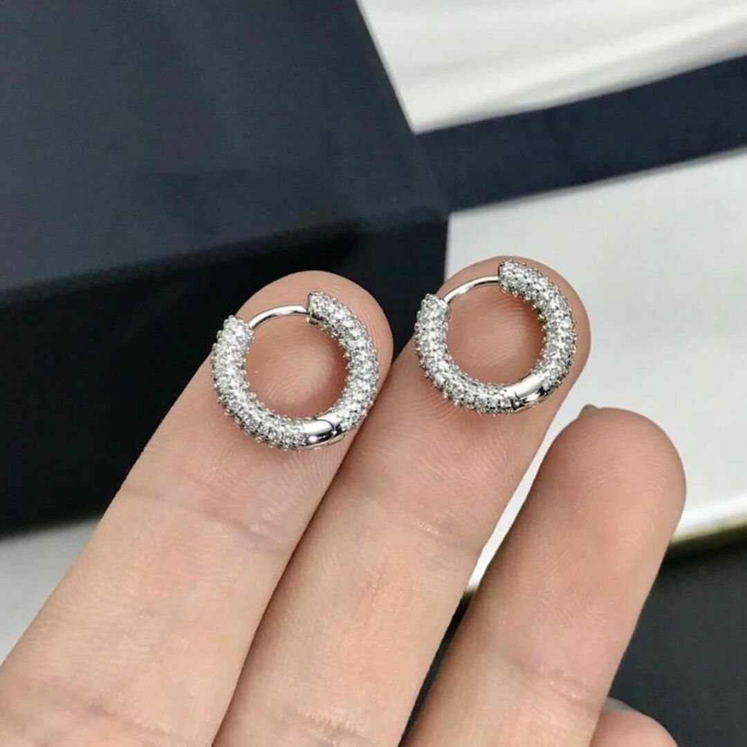 481 フープ ピアス ジルコニア パヴェ 高級3ACZダイヤ 韓国 シルバーの