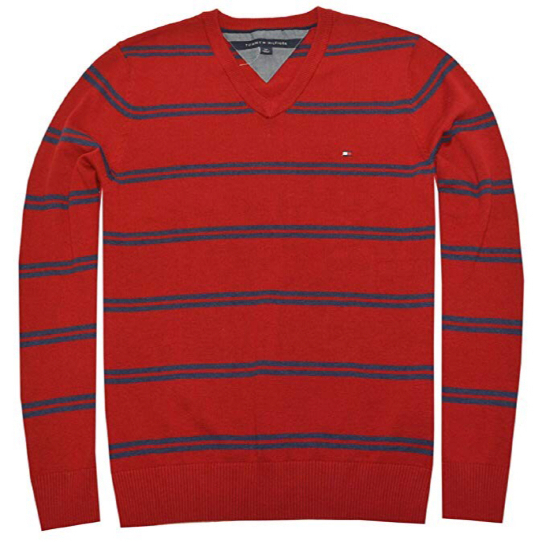 TOMMY HILFIGER(トミーヒルフィガー)のTOMMY HILFIGER Vネック セーター ボーダー レッド Ｌ メンズのトップス(ニット/セーター)の商品写真