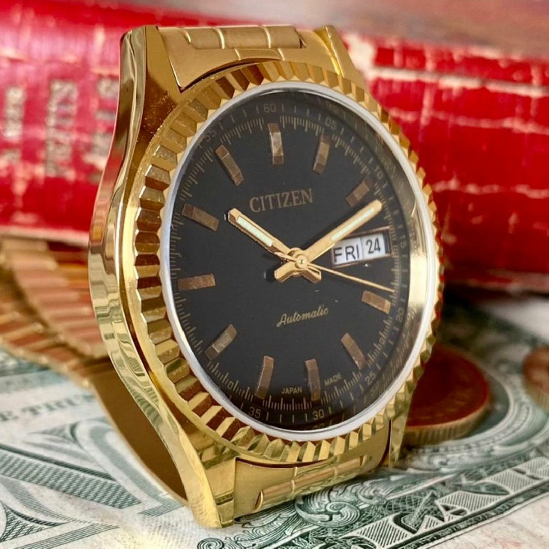 【かっこいい】シチズン メンズ腕時計 ブラック ゴールド 自動巻き ヴィンテージ
