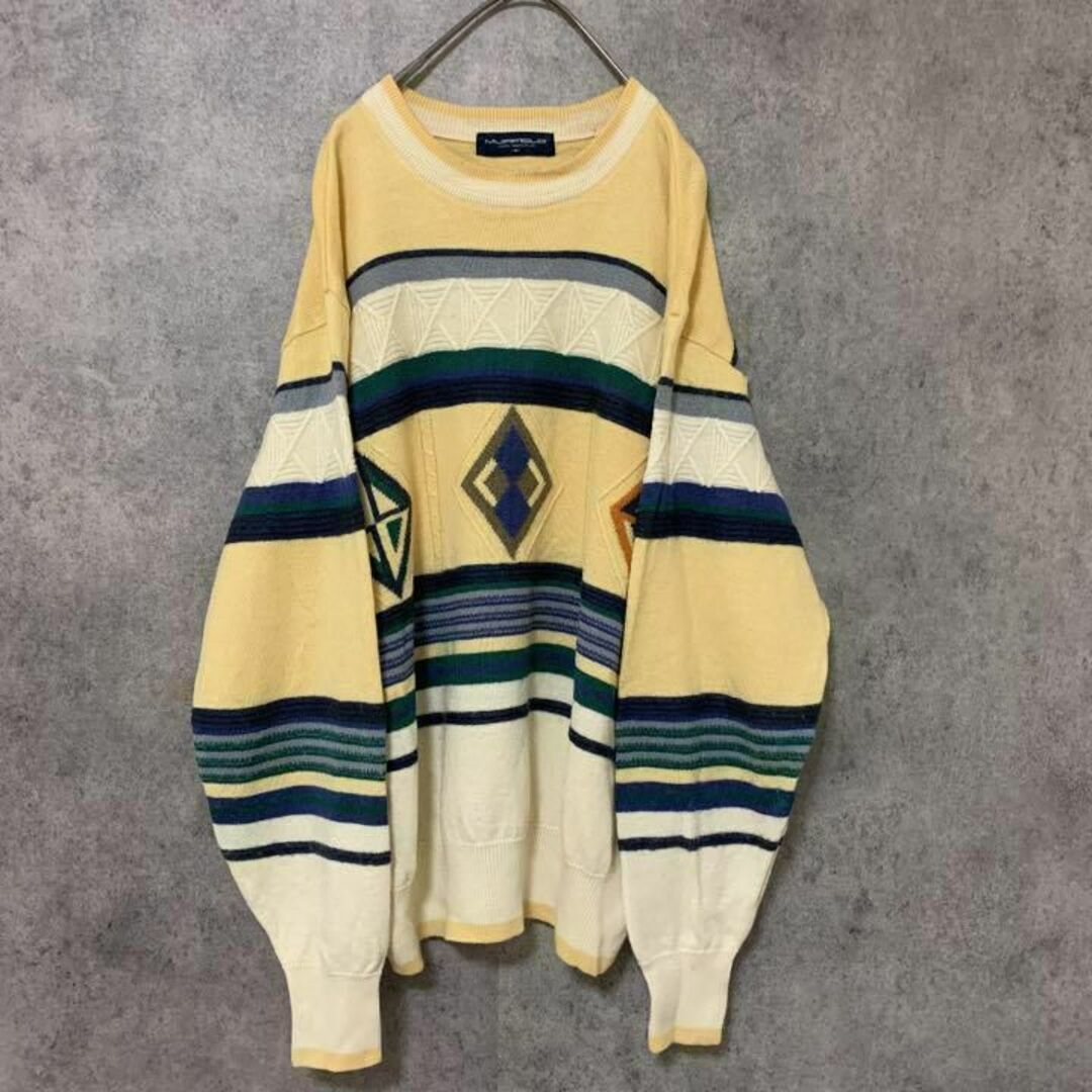 90s vintage 総柄ニット 水色 メンズ M 個性派 ゆるダボ 菅田将暉