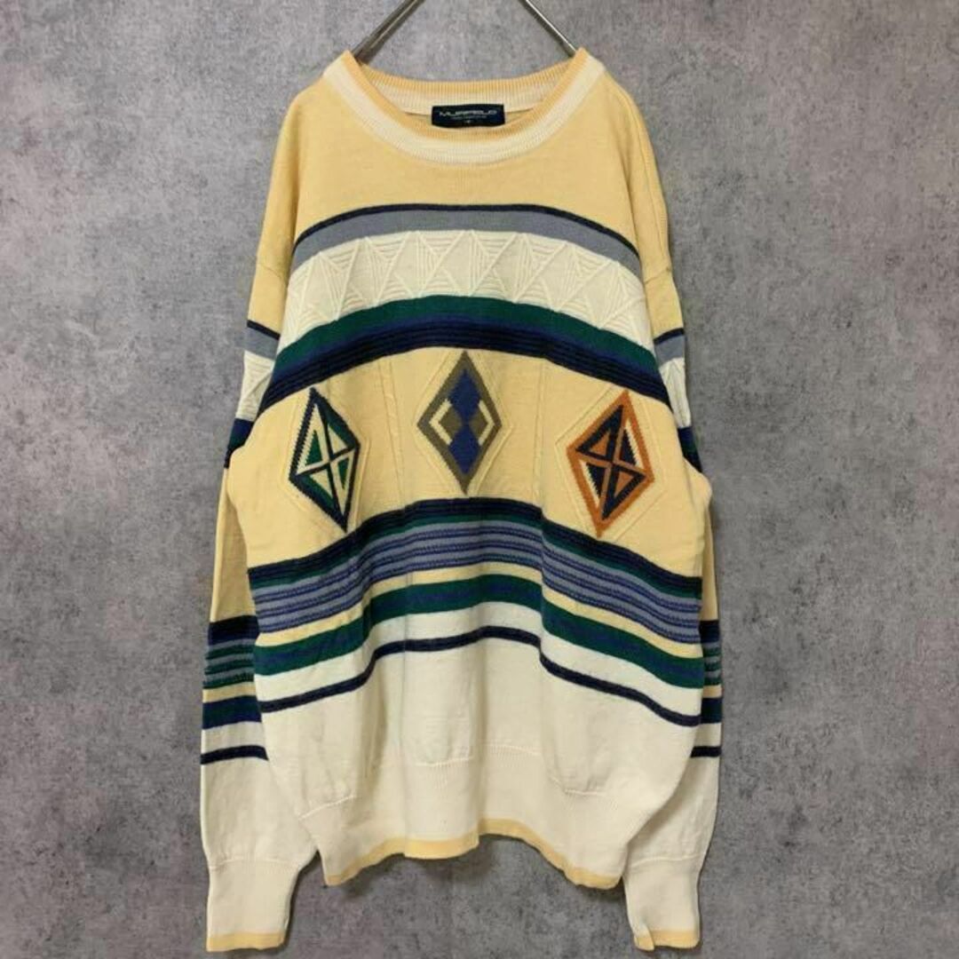90s vintage 総柄ニット 水色 メンズ M 個性派 ゆるダボ 菅田将暉