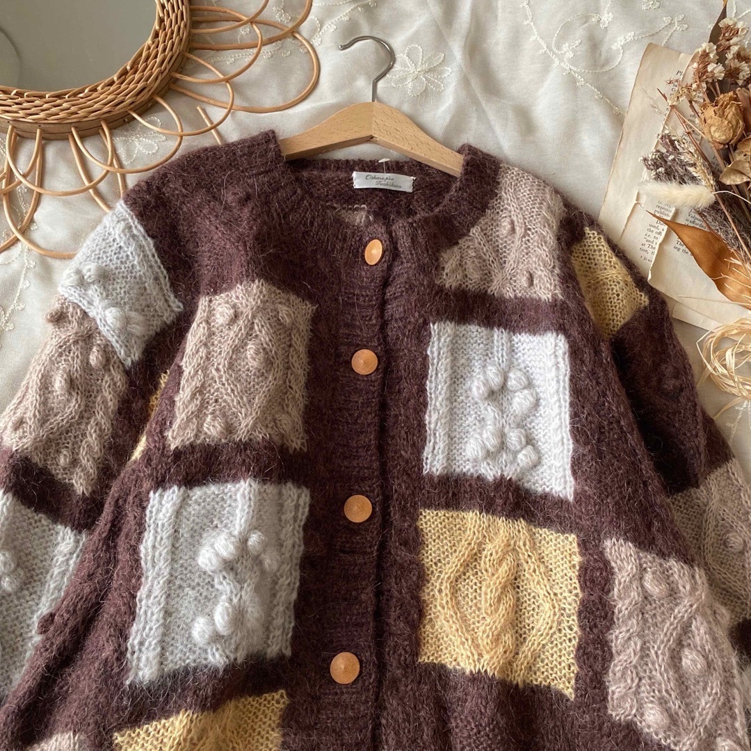vintageヴィンテージレトロ古着ぽんぽん編みパッチワークニット