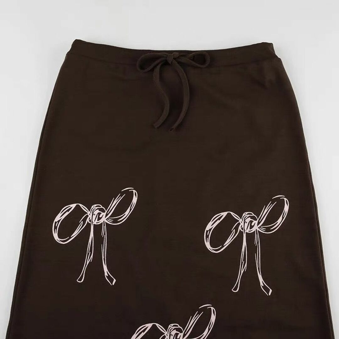 Rockmore リボンプリント ストレッチ ロング スカート 黒 茶 レディースのスカート(ロングスカート)の商品写真