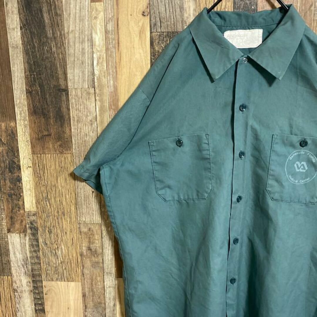 メンズ ワークシャツ アメカジ グリーン プリント USA古着 90s 半袖 緑