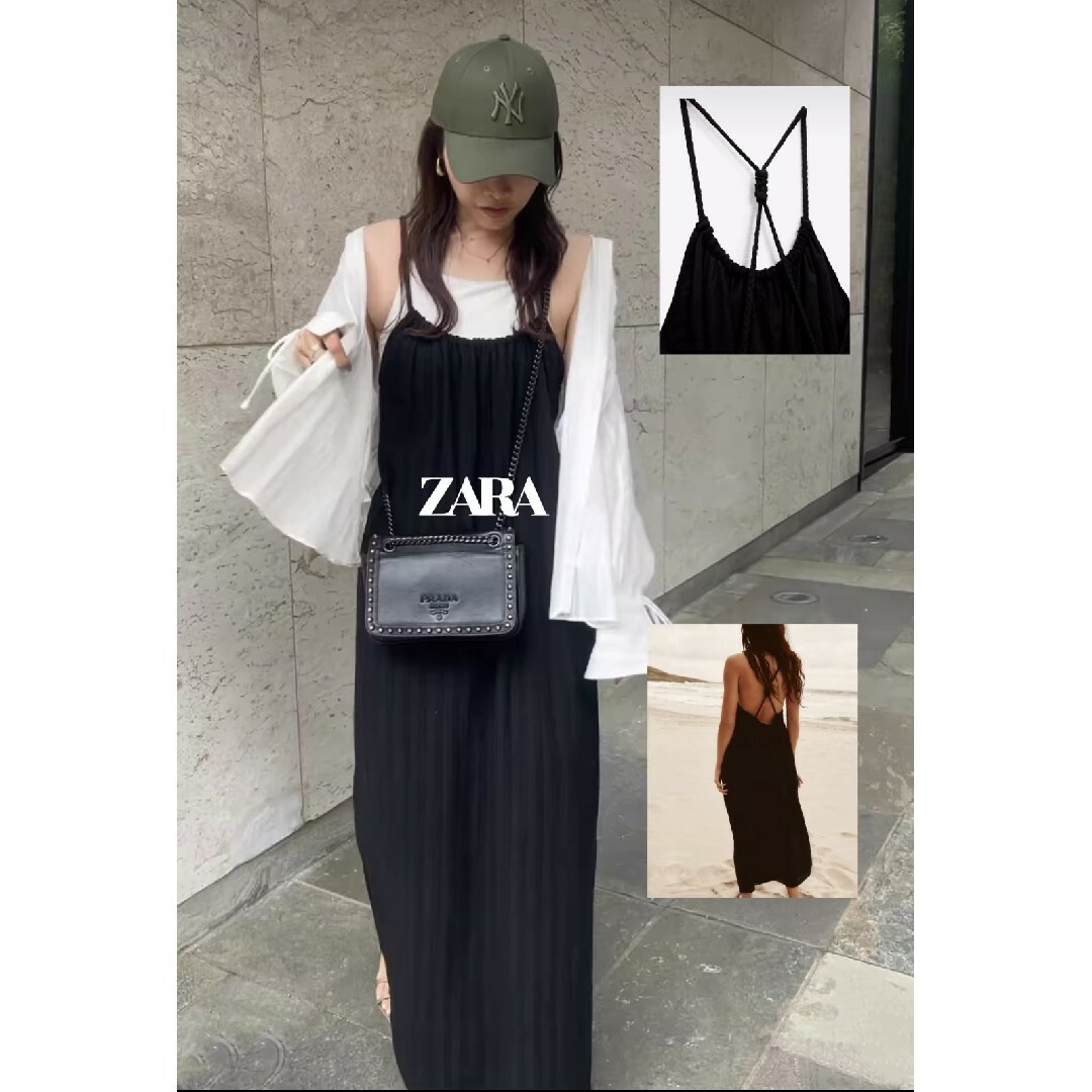 ブラック素材ZARA　ウーヴンストラップ ミディワンピース　Mサイズ　ブラック