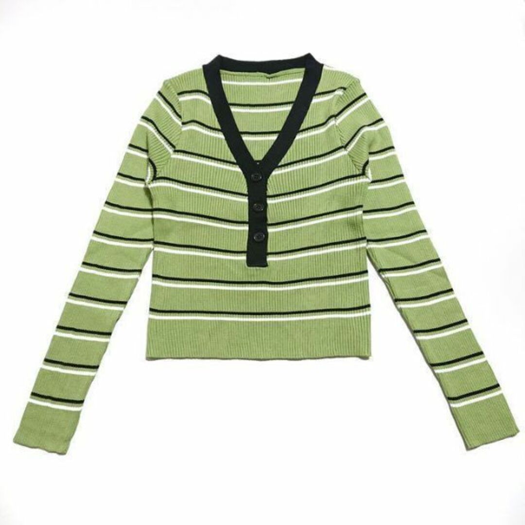 緑　グリーン セーター　リブニット　Vネック　韓国　 ボーダー　冬　秋 レディースのトップス(ニット/セーター)の商品写真