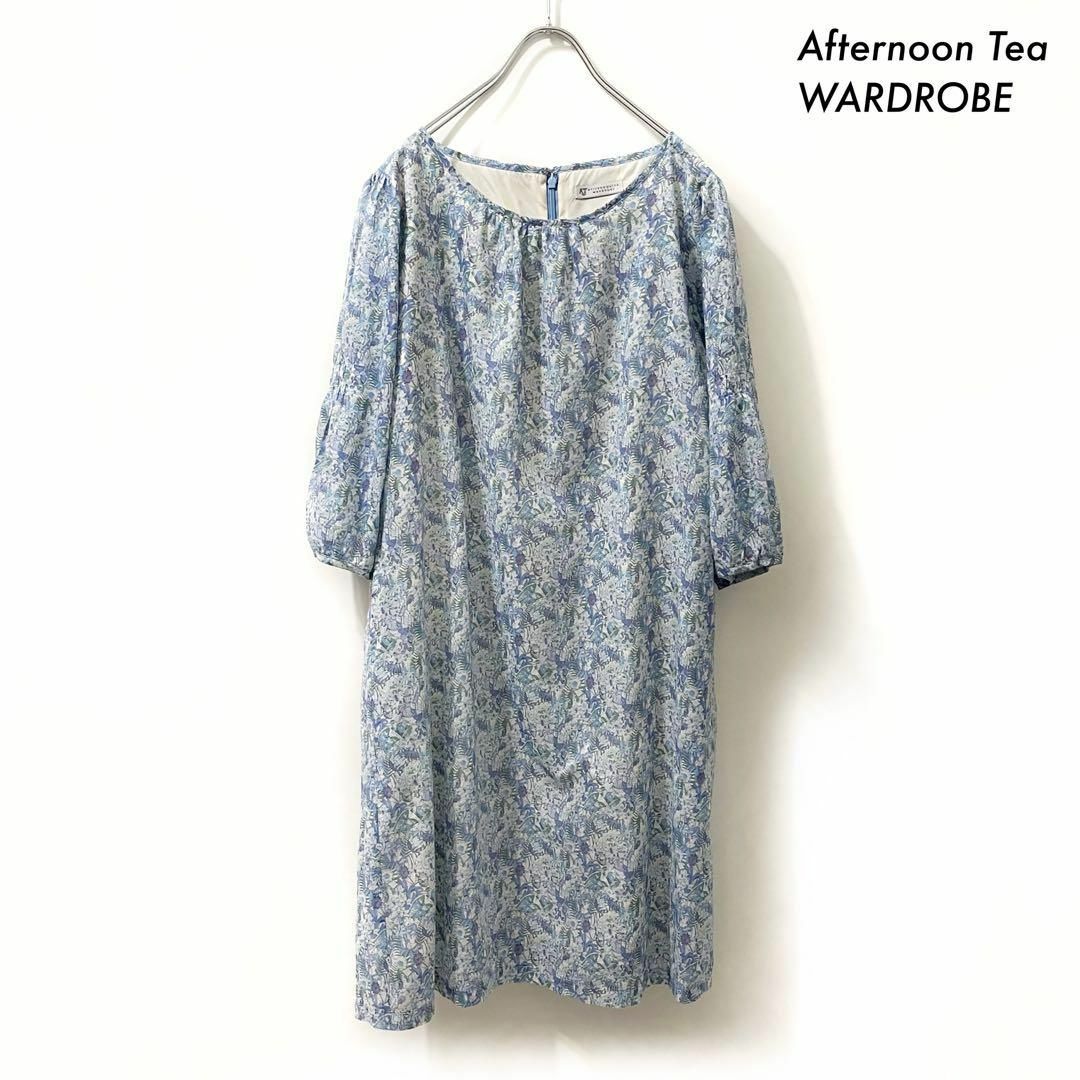 AfternoonTea(アフタヌーンティー)のAfternoon Tea WARDROBE★リバティ柄 長袖ワンピース ブルー レディースのワンピース(ひざ丈ワンピース)の商品写真